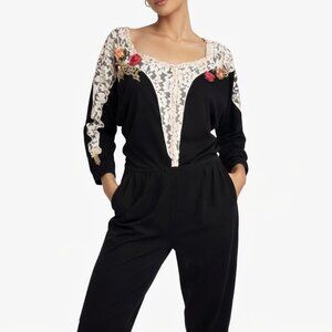 Lacy Afternoon Shell Kepler Jumpsuit Womens L Black Lace Floral Corsage Boho